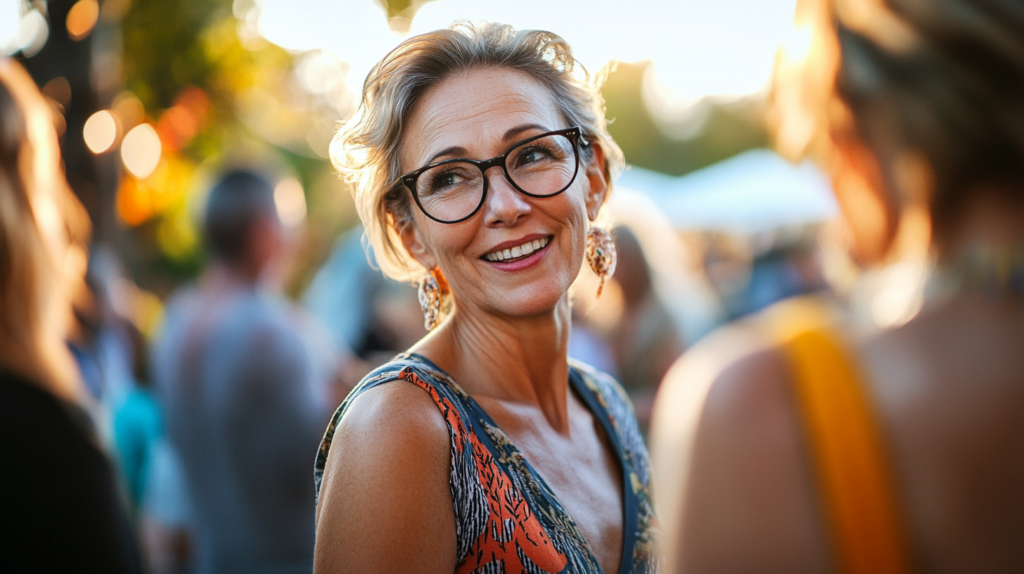 Smiling woman with glasses enjoying an outdoor event at sunset.