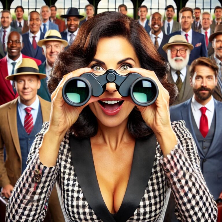 Woman with binoculars, crowd behind her smiling.